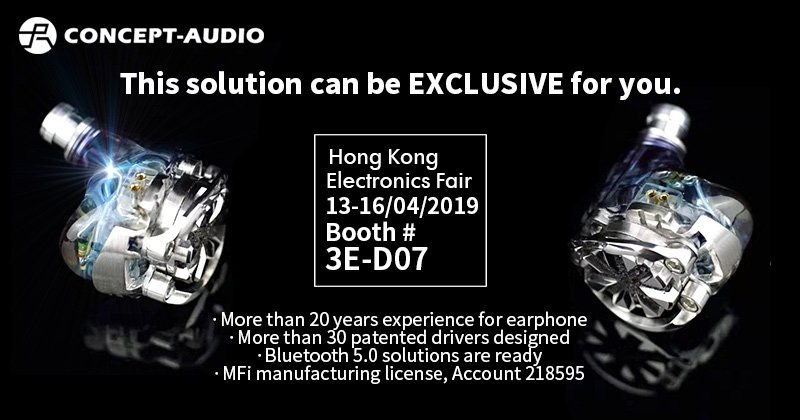 Concept Audio is going to attend the HKTDC Electronic Fair (Spring Edition) 2019, April 13th~16th, booth number is 3E-D07.
This April Concept Audio is ready to bring its Bluetooth 5.0 solution to show there.
concept-audio.com/concept-audio-…
#customheadphones
#bluetoothheadphones
#earphone