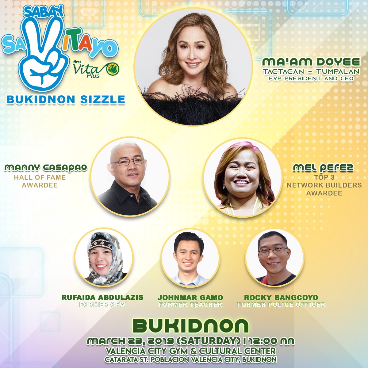 FVPPH's tweet photo. Sabay SaVitayo Bukidnon Sizzle on March 23, 2019 at Valencia City Gym and Cultural Center with First Vita Plus President &amp; CEO Ms. Doyee Tactacan-Tumpalan. https://t.co/LItug75uaX