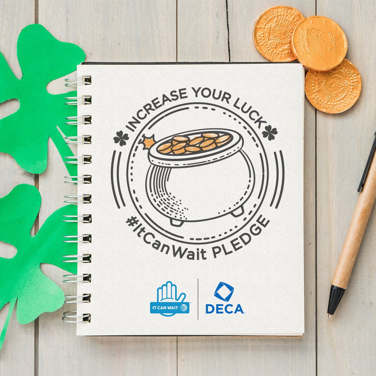 You’ll have good luck on the roads if you take the #ItCanWait pledge. Increase your luck and safety by texting xx(state abbreviation)DECA to 50555. <a href="/ItCanWait/">AT&T It Can Wait</a>.