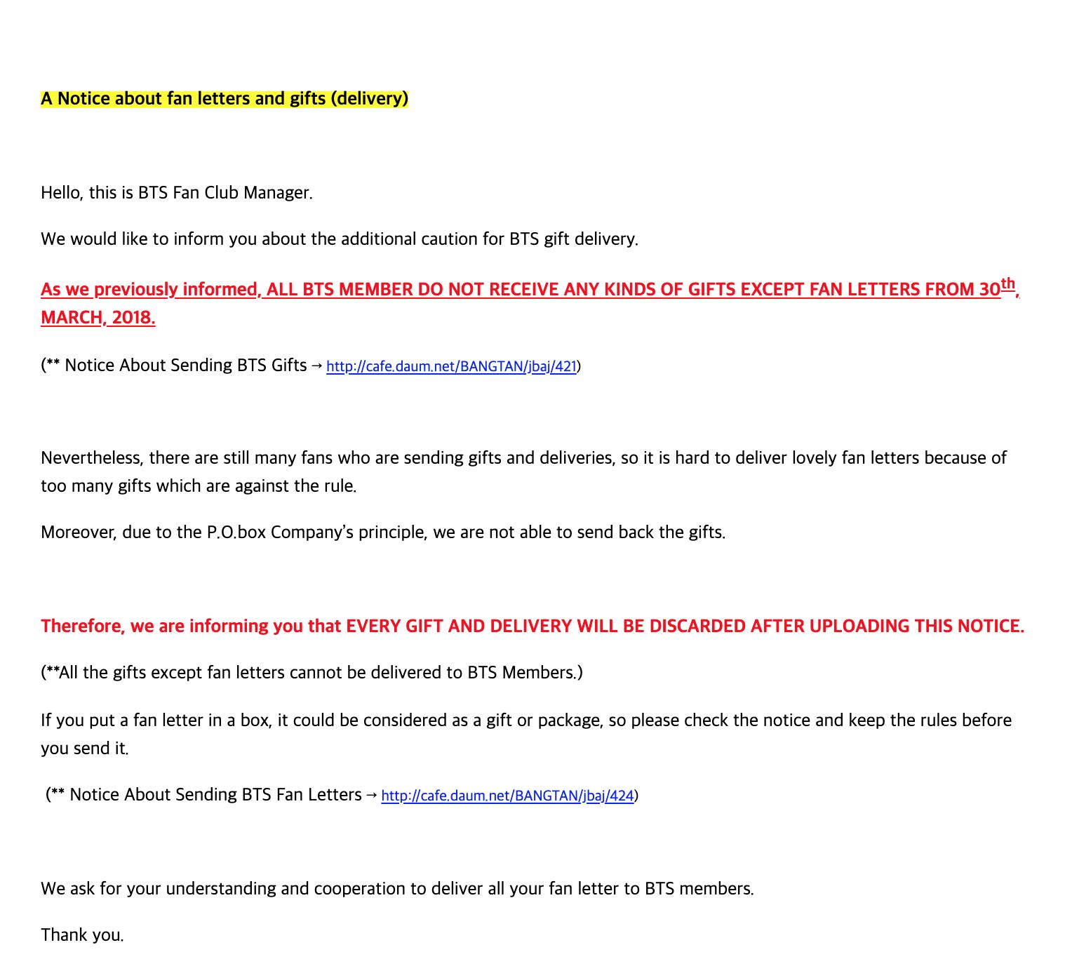 info bighit ent notice about fan letter and gift delivery letter delivery