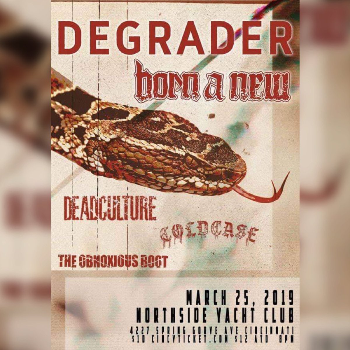 xdeadalivex's tweet photo. 3/25/19 @Degrader_MA @bornanewnj @deadcultohio #coldcase #theobnoxiousboot #metalcore #deathcore #Cincinnati https://t.co/XRvpguUEB9
