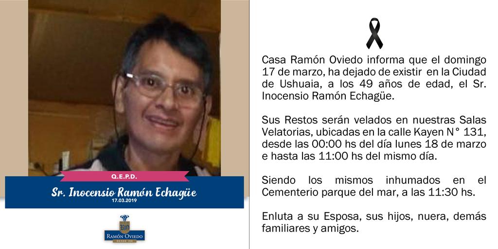 ramonoviedosa's tweet photo. Aviso de fallecimiento:
Casa Ramón Oviedo informa que el domingo 17 de marzo, ha dejado de existir en la Ciudad de Ushuaia, a los 49 años de edad, el Sr. Inocensio Ramón Echagüe...
#ramonoviedo #seguros #exequiales #tierradelfuego #ushuaia #argentina #obituario #QEPD https://t.co/BxHislyxNp