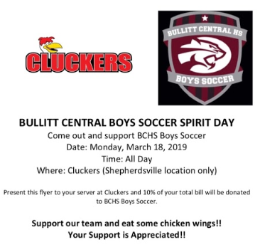 Come out tomorrow to Cluckers in Shepherdsville, 10% of your bill goes to support BCHS Boys Soccer! Present the attached flyer below to show your support for the boys! #BCHS