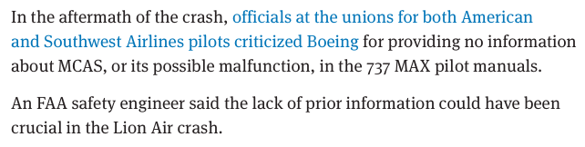 Amazing reporting by <a href="/seattletimes/">The Seattle Times</a> on the fatal flaws in the Boeing 737 MAX's flight control system—and the regulatory capture within the FAA to hastily approve it. Essentially, this plane could try to crash itself because of a single faulty sensor.
seattletimes.com/business/boein…