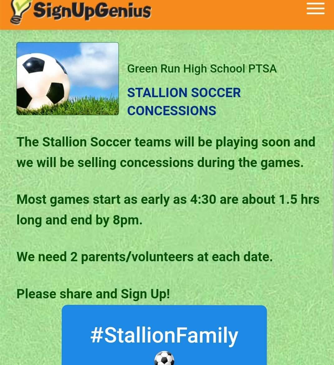 GRHSPTSA's tweet photo. 💚🐴Stallion Soccer ⚽️ Season is here! We will be raising funds for GradFest by selling concessions. 🌭🍫🥤
Please sign up for at least two sessions. Thank you for your help ♥ #stallionsfamily #givewhereyoulive
https://t.co/dtB8UJIpuA https://t.co/5AH9PEW0gp