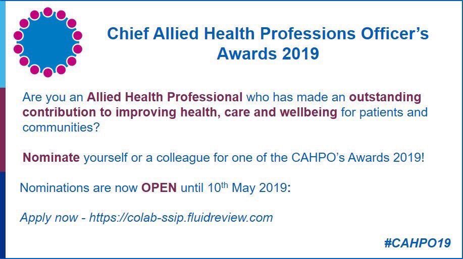Can you demonstrate innovations, projects or initiatives that reflect how #AHPs embed #publichealth and #makingeverycontactcount in AHP interventions? If so, then please submit your entry for the #CAHPO19 public health champion award!