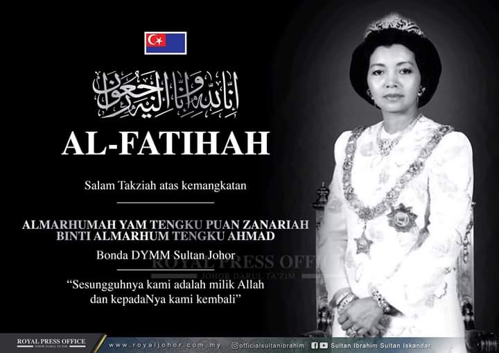 WhatsUpJohor's tweet image. Dukacita dimaklumkan YAM Tengku Puan Zanariah Binti Tunku Ahmad telah kembali ke Rahmatullah.

Salam takziah, Al-Fatihah.