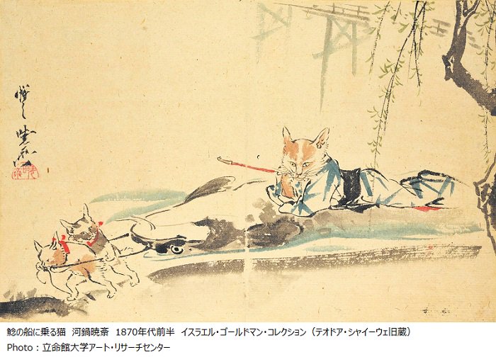 暁斎と猫 《鯰の船に乗る猫》／ 暁斎は、鯰（なまず）を翻弄する猫たち