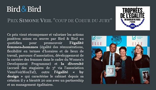 A l’issue des Premières Assises de l’Egalité lundi 11 mars et en présence de <a href="/batonnierparis/">Bâtonnier de Paris</a> et <a href="/BasileAder/">Basile Ader</a> , le prix Simone Veil "coup de cœur du jury" a été remis à <a href="/twobirdsfr/">Bird & Bird France</a> pour son engagement en faveur de l’égalité femmes.hommes #Tropheesdelegalite #égalitéprofessionnelle
