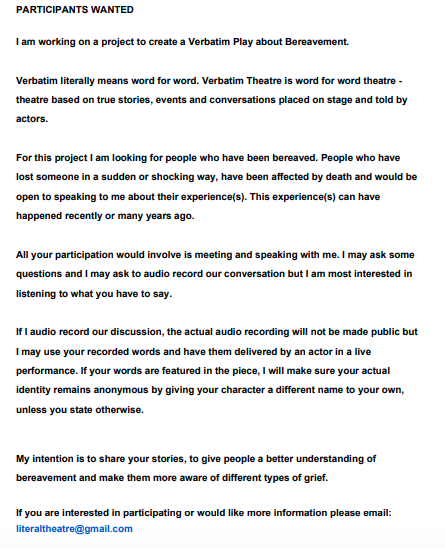 Literal_theatre's tweet photo. Participants required for verbatim project on grief and bereavement. Please see details below and email literaltheatre@gmail.com if interested. https://t.co/310rJeo59d