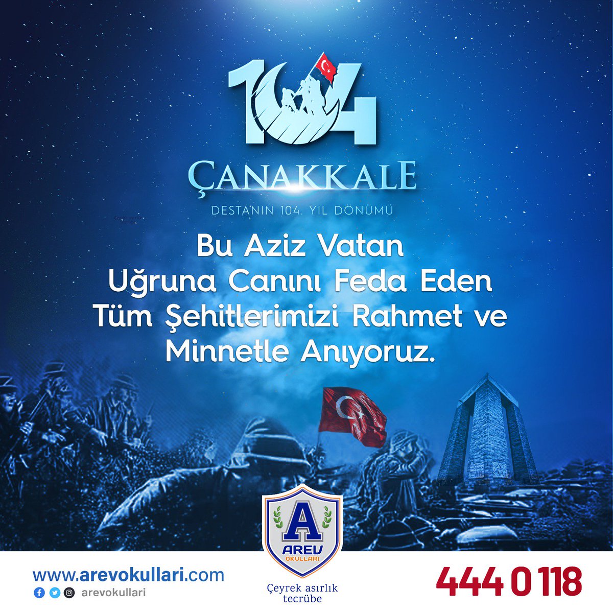 Bu aziz vatan uğruna canını feda eden tüm şehitlerimizi rahmet ve minnetle anıyoruz.

#ÇanakkaleGeçilmez #ArevOkulları #İzBırakanNesiller