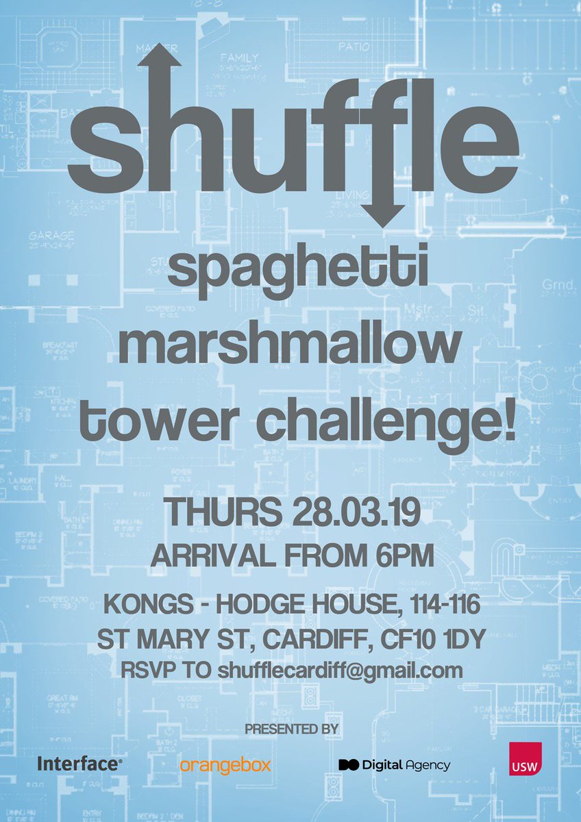 Heads up - the next <a href="/CardiffShuffle/">ShuffleCardiff</a> event is the 28th March in <a href="/KongsCardiff/">KongsCardiff</a> Make sure you RSVP! 

And who knows, you may even get to eat the odd marshmallow along the way.

#cardiff #design #buildingchallange <a href="/interiorcardiff/">USW Interior Cardiff</a> <a href="/InterfaceInc/">Interface</a> <a href="/Orangebox_LTD/">Orangebox</a> #mondaymotivation