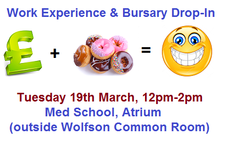 Kam_UOB's tweet photo. REMINDER: Work Experience Advice &amp; Bursary Drop-In (with Doughnuts!) Tuesday 19th March 12pm-2pm, Atrium outside Wolfson Common Room! @MDScareers https://t.co/pO5qGgDJmM