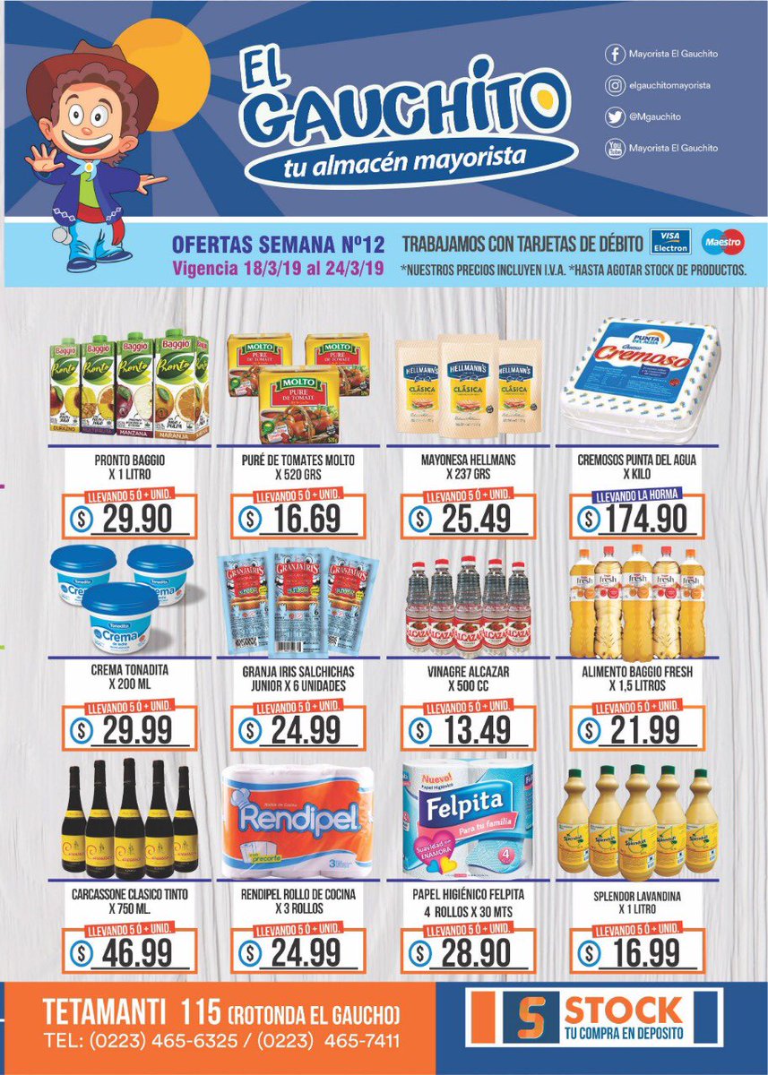MGauchito's tweet photo. 🎉🎉TOP OFERTAS SEMANALES🎉🎉

Alimentos, Bebidas, Lacteos, Fiambres, Perfumería, Limpieza.

TE ESPERAMOS😉

El Gauchito, tu almacén mayorista.

#elgaucho #elgauchito #mayorista #almacen #mercado #mardelplata #ofertas #precios #supermercado #preciosbajos #barrio #mdq https://t.co/pjiT5nmRo5