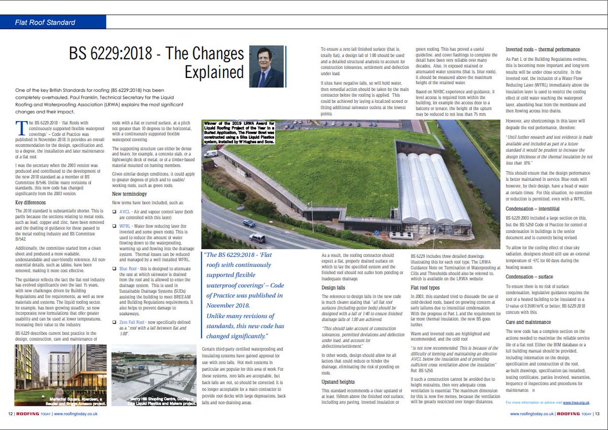 RoofingToday's tweet photo. Paul Franklin, Technical Secretary for the @LRWAssociation, explains the most significant changes and impacts of one of the key #British #Standards for #roofing, BS 6229:2018, in the #RTMarchEd https://t.co/HqqNdbMGcs #FlatRoofing #Pg12 https://t.co/NT9HyQgQrN
