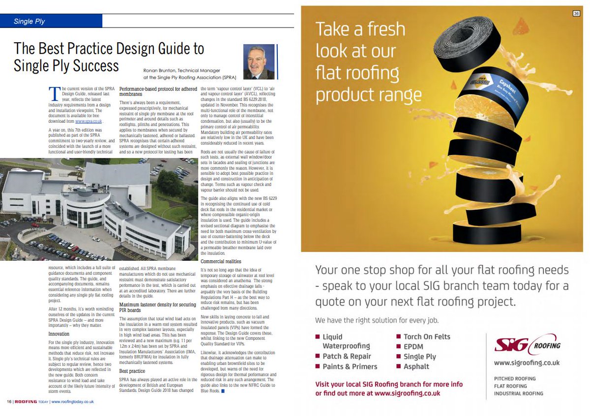 RoofingToday's tweet photo. @ronanjbru, Technical Manager at the @singleply, discusses the SPRA’s design #guide for industry #requirements on the #design and #installation of single ply flat #roofing #projects. #RTMarchEd #Pg16 https://t.co/HqqNdc4h40 https://t.co/dtabFRx7P8