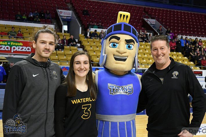 craignickel's tweet photo. Classy move by @kw_titans to recognize @WlooWarriors athletes Kaitlyn Overeem &amp; @NEDIM__HODZIC for their recent @OUAsport honours.  And it was a great game with the Titans grabbing a critical 129-125 victory! https://t.co/vkvzKYDq5y