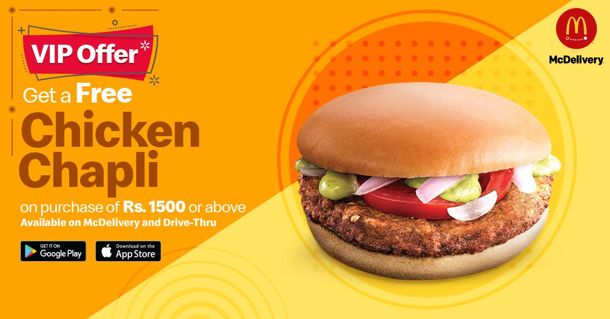 McDonaldsPK's tweet photo. Spend Rs. 1500 & enjoy a Chicken Chapli Burger absolutely FREE!
Order Now: https://t.co/I8CwT9G5ID
#VIPOffer #ChickenChapli #McDeliveryOffer https://t.co/Jgwq7lAhQH