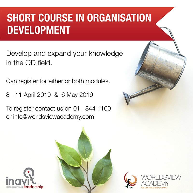 WorldsV's tweet image. Develop and expand your knowledge in the OD field when you register for our short course in Organisation Development.
8 - 11 April &amp;amp; 6 May 2019
Email us for more: info@worldsviewacademy.com or call 011 844 1100

#ODcourse #OrganisationalDevelopment #WorldsviewAcademy #InnovitIQ