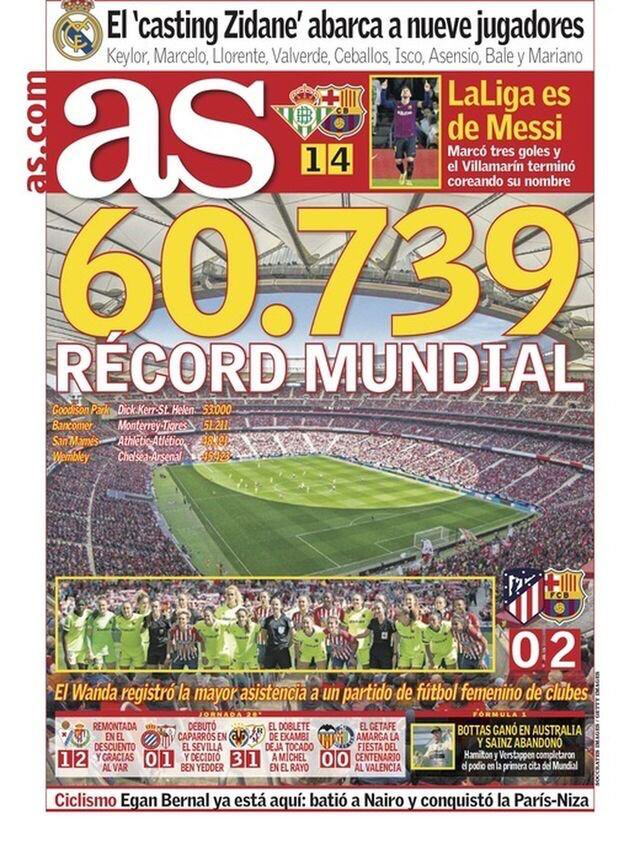 FIFAWWC's tweet photo. In case you thought it was a dream. Sports pages in Spain today. 🙆‍♀️
Lionel who?! 
Brilliant by @marca &amp; @diarioas. 

📸 via @SC_ESPN. https://t.co/IDk7sNvkyA