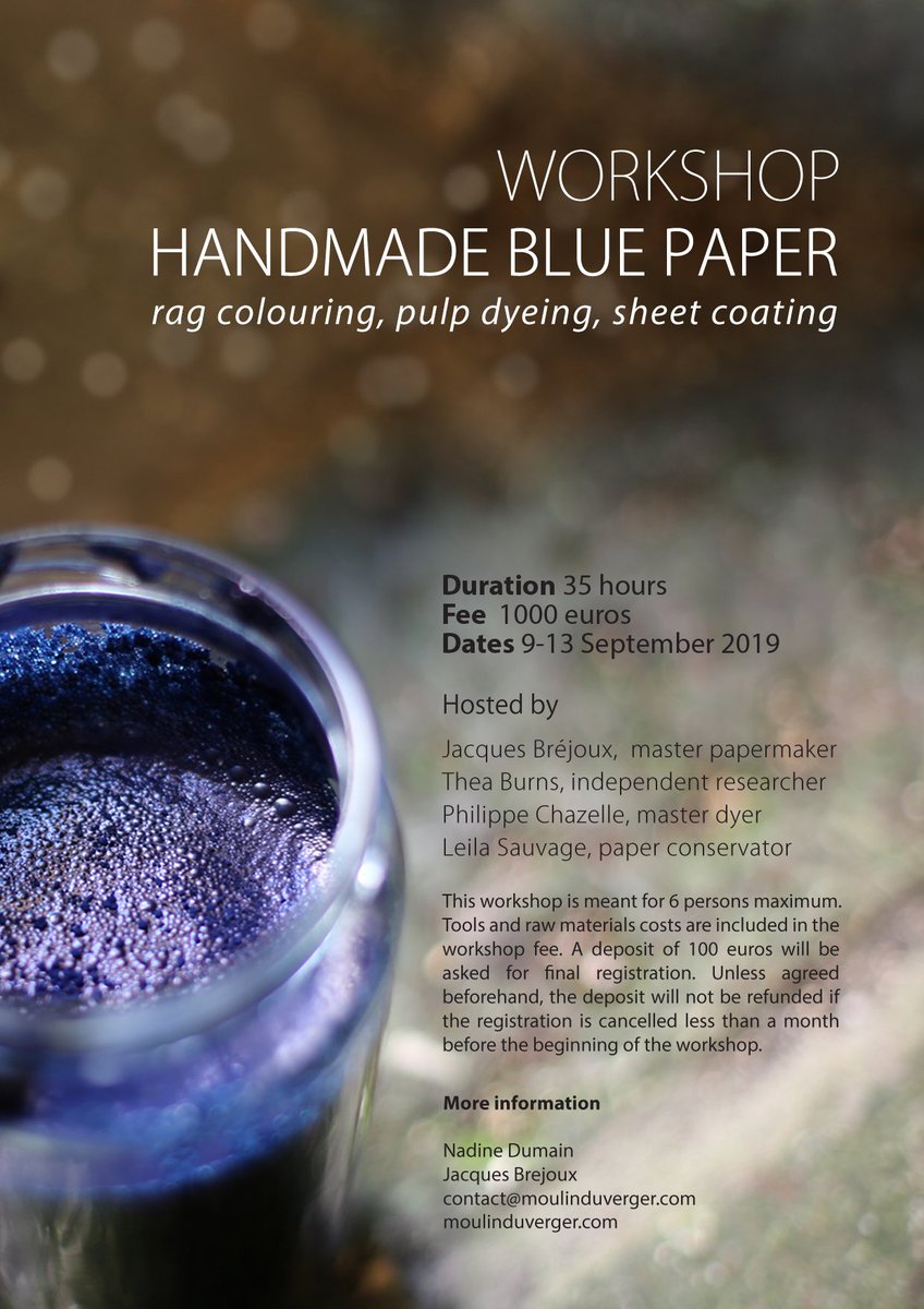 Want to know how #handmadebluepaper is made? Join us <a href="/MoulinVerger/">Moulin du Verger</a> for a 5-day workshop, 9-13 Sept.2019. You'll learn traditional dyeing and historical #papermaking techniques in our 16th-century mill in Southern France. Info: contact@moulinduverger.com