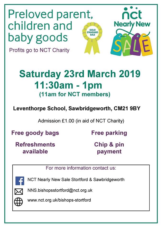 Not long to go......
Saturday 23rd March 11.30am-1pm (11am for Nct members) Leventhorpe School, Sawbridgeworth.
£1 entrance fee, kids free.
Thousands of good quality preloved bargains. Maternity baby and kids clothes, shoes, toys, books and much more.
facebook.com/events/2710166…