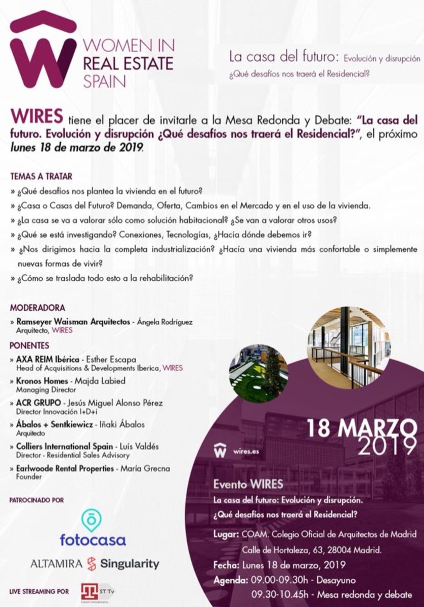 AltamiraInm's tweet photo. Hoy #AltamiraSingularity patrocina, junto a @fotocasa, el evento organizado por @WIRES_Spain 'La casa del futuro: evolución y disrupción' 🏙 ¡Puedes seguirlo en directo a través del streaming de @stvalora_com! 👇 #eventosWires #RealEstate https://t.co/yINGYbYYIY