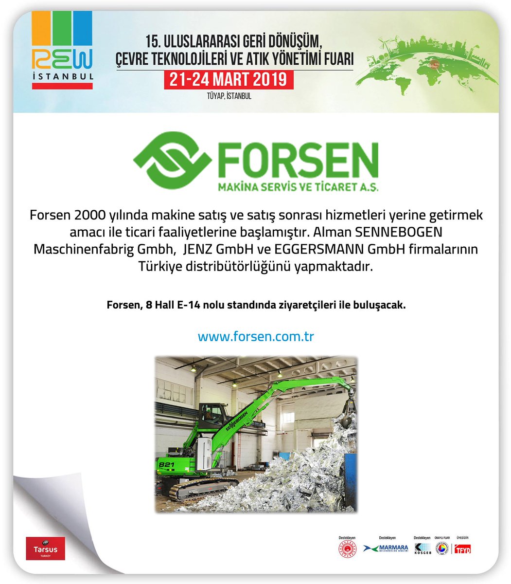 RewIstanbul's tweet image. Forsen 2000 yılında makine satış ve satış sonrası hizmetleri yerine getirmek amacı ile faaliyetlerine başlamıştır. Alman SENNEBOGEN Maschinenfabrig Gmbh,  JENZ GmbH ve EGGERSMANN GmbH firmalarının Türkiye distribütörlüğünü yapmaktadır. 
Online kayıt  : bit.ly/2Een2x5