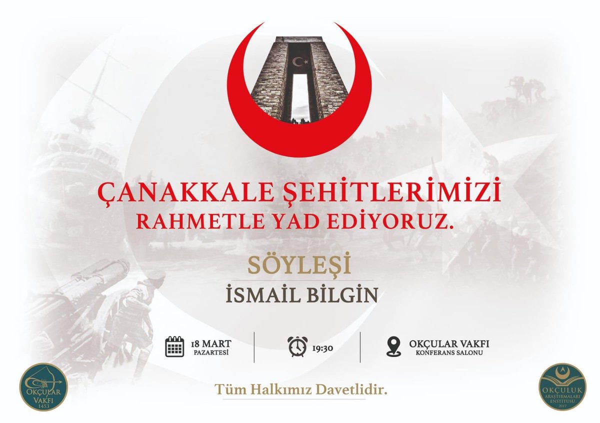 Ey, bu topraklar için toprağa düşmüş asker! 
Gökten ecdâd inerek öpse o pâk alnı değer
Ne büyüksün ki kanın kurtarıyor Tevhîdi.
Bedr'in arslanları ancak,bu kadar şanlı idi
Çanakkale Şehitlerimizi Rahmetle Yad Ediyoruz🇹🇷
📍Okçular Vakfı Konferans Salonu
🕢 19:30
#CanakkaleGecilmez