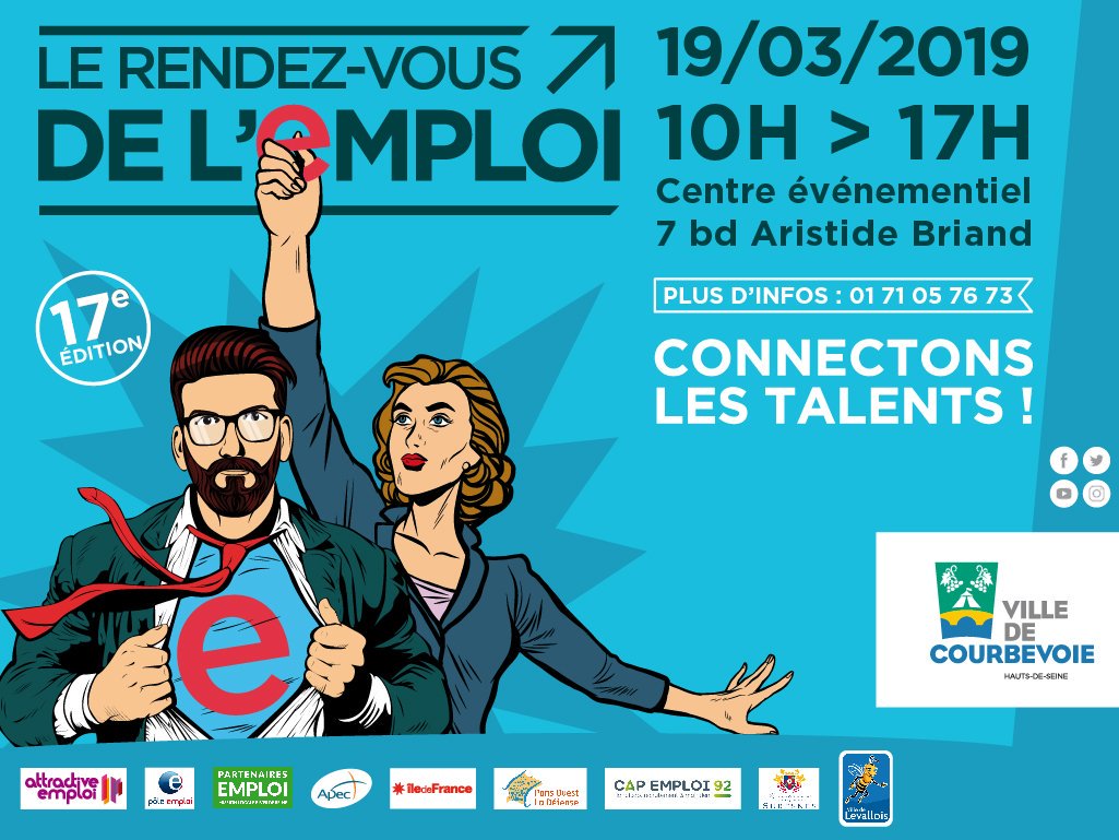 EcoCourbevoie's tweet photo. J-1 : 🗓️Rendez-vous demain pour la 17e édition du Rendez-vous de l'#Emploi au centre événementiel de la ville de #Courbevoie ! 💼
30 entreprises vous attendent pour vous proposer plus de 1000 offres d'emploi, des #ateliers &amp; #conférences !🚀
Programme : https://t.co/xyfZe02ybW https://t.co/jFwr22OBh0