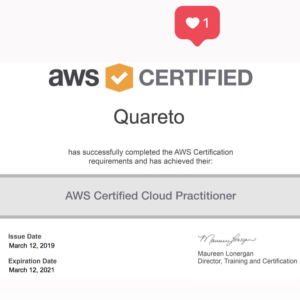 quar3to's tweet photo. Certified :+1:  #aws #certification #cloudpractitioner #keeplearning #quareto https://t.co/Q0x4YjCv3x