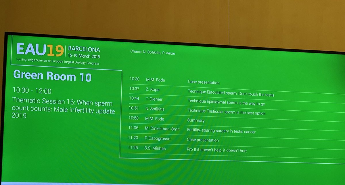 Come and join the discussion in Green room 10 on #Maleinfertility update at 10.30 #EAU19 <a href="/MikkelFode/">Mikkel Fode</a> <a href="/PaoloVerze/">Paolo Verze</a> <a href="/DinkSmit/">Marij Dinkelman-Smit</a>