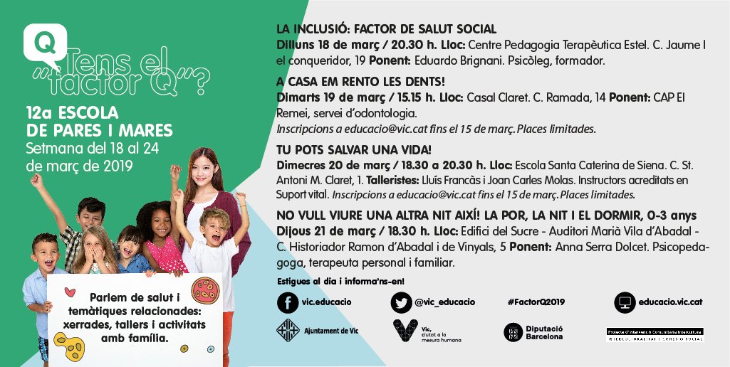 vic_educacio's tweet photo. 📣Comencem una nova setmana plena d'activitats al #FactorQ2019. Avui parlarem de com l'escola inclusiva afavoreix una bona salut integral per a les famílies i la societat. Us hi esperem!
📆Dilluns 18 de març
🕣20.30h
📍Centre Pedagogia Terapèutica Estel. https://t.co/u9DlQsbR2h
