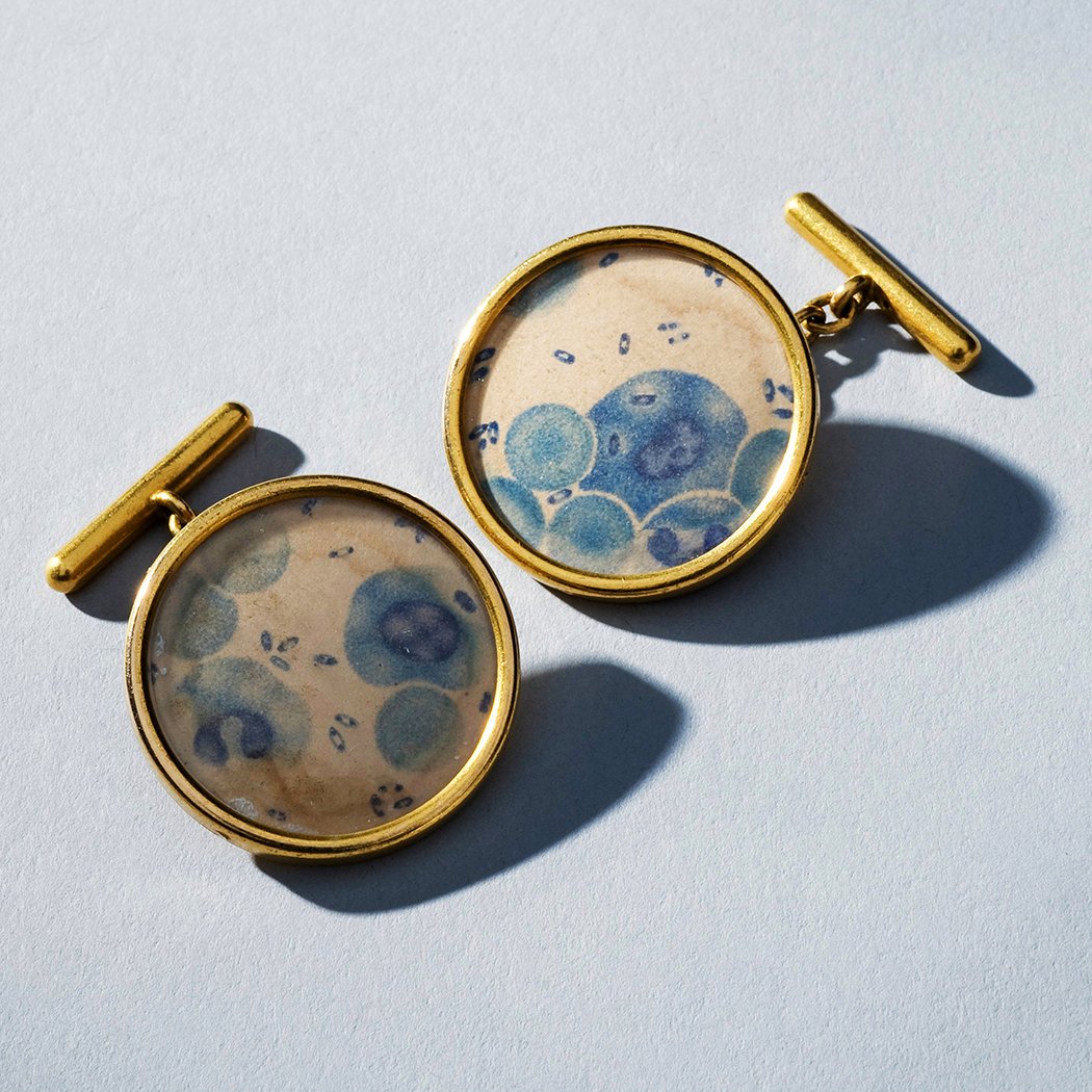 These cufflinks contain pictures of two different strains of plague-causing bacteria discovered in 1894, the names of which are engraved on the back. It’s believed that they were made by Fabergé, the celebrated Russian jeweller.  
ow.ly/Erxf30nLB89