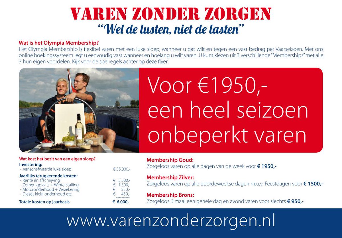 Dit vaarseizoen wel regelmatig #varen in een #sloep, maar geen zin om een eigen sloep aan te schaffen? Wij hebben de oplossing. 
Kijk voor meer informatie op varenzonderzorgen.nl