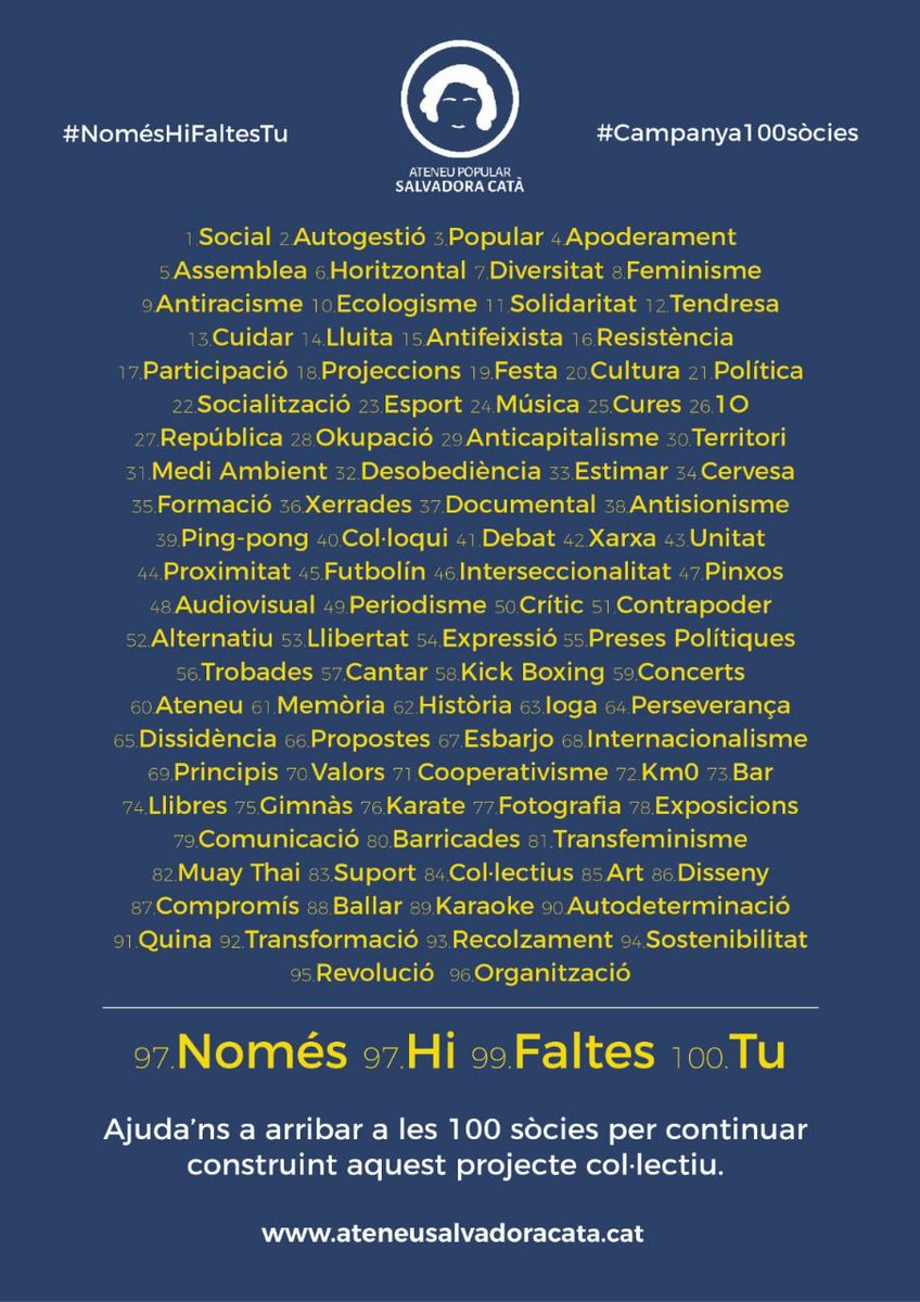 🔴 Amb aquest cartell donem tret de sortida a la campanya #NomésHiFaltesTu que té com objectiu arribar a les 100 sòcies i així tenir una base econòmica imprescindible x continuar construint i ampliant aquest projecte col•lectiu.

👉 info: ateneusalvadoracata.cat

Seguiu atentes!