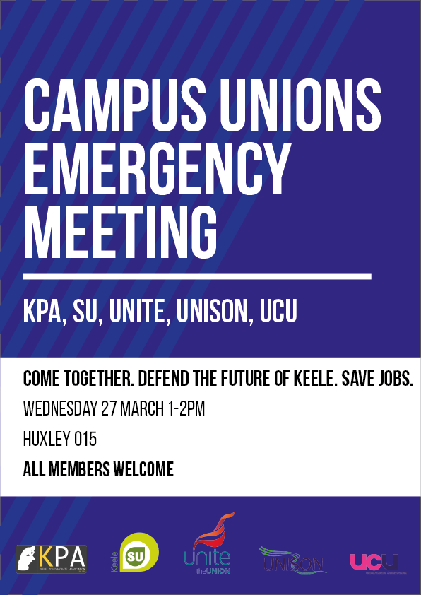 KeeleUCU's tweet photo. The next all campus unions meeting is on Wed 27 March, 1-2pm, Huxley0.15. All members of all unions welcome. #savekeele #savekeelejobs https://t.co/lfkNg6mZiI