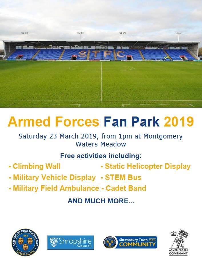 Looking for something to do for all the family this weekend in #Shropshire ? Come and join us this Saturday 23rd March, from 1pm at Shrewsbury Town Football Club (Montgomery Waters Meadow) for the Armed Forces Fan Park! <a href="/shrewsweb/">Shrewsbury Town FC</a>