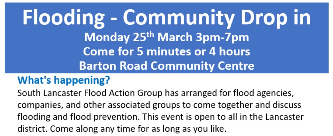 South #Lancaster #Flood  Action Group have organised a multi agency #community drop in event. An opportunity to share knowledge  &amp; find out whats going in the area.
#lancashire #flooding #resilience #floodaware #NorthWest  <a href="/EnvAgencyNW/">Env Agency NW</a> <a href="/LancasterCC/">Lancaster City Council</a> <a href="/LancashireCC/">Lancashire County Council</a>  <a href="/unitedutilities/">United Utilities</a>