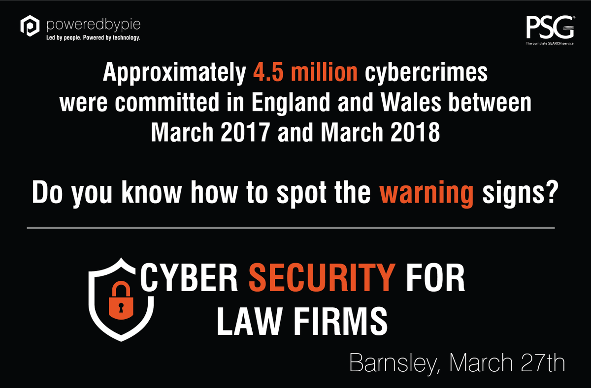 brighterlaw's tweet photo. #Cybercrime is one of the biggest issues facing the legal industry. It's critical that your firm know the warning signs before it's too late. Join us at the PSG offices in Barnsley on 27th March as we look at Cyber Security for Law Firms - book here - https://t.co/h6HHm1gQKY #CPD https://t.co/DK3PUqIiBf