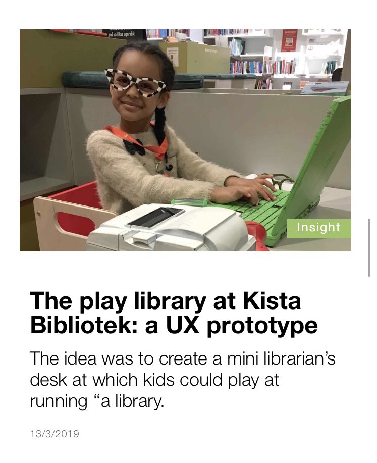 Good to see my article on <a href="/ssbnu/">挽星.</a>’s #kista #bibliotek children’s ‘play library’ prototype in the <a href="/CILIPinfo/">CILIP</a> mag &amp; app. I’m back in Stockholm next week to oversee more library staff-led prototyping and iteration. #uxresearch #uxdesign #uxlibs #libraries