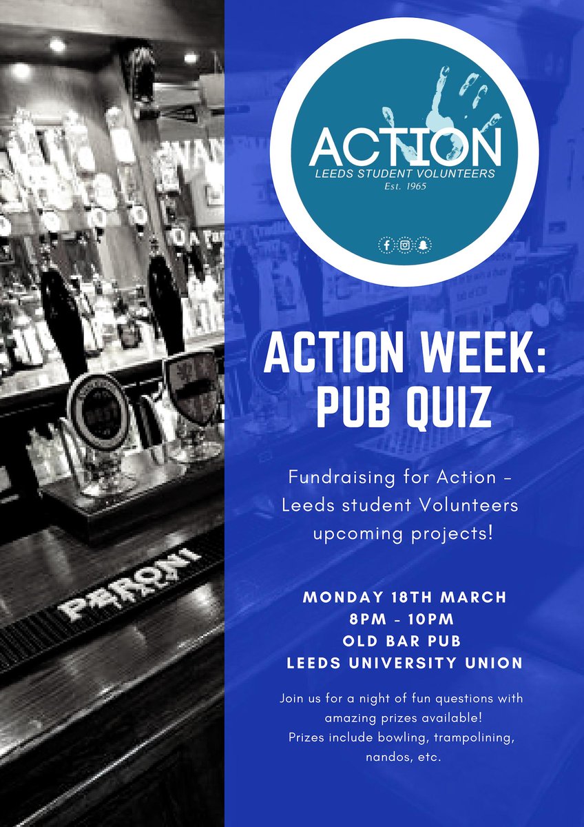 HAPPY ACTION WEEK!

Action week begins today and we are so excited for tonights pub quiz!

Entry is only £2 and our prizes this year are absolutely AMAZING!

So make sure you get yourselves to Old Bar tonight <a href="/8PM/">8pm</a> to kick off Action Week! Everyone is welcome!

<a href="/LeedsUniUnion/">Leeds University Union</a>