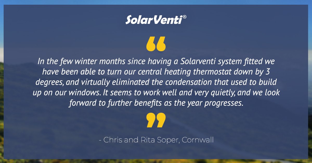 A lovely review from Mr and Mrs Soper in Cornwall.

We cannot stress enough the huge benefits you will receive by investing in a SolarVenti for your home.

✔️Health benefits
✔️Financial benefits
✔️Environmental benefits
✔️Building Benefits