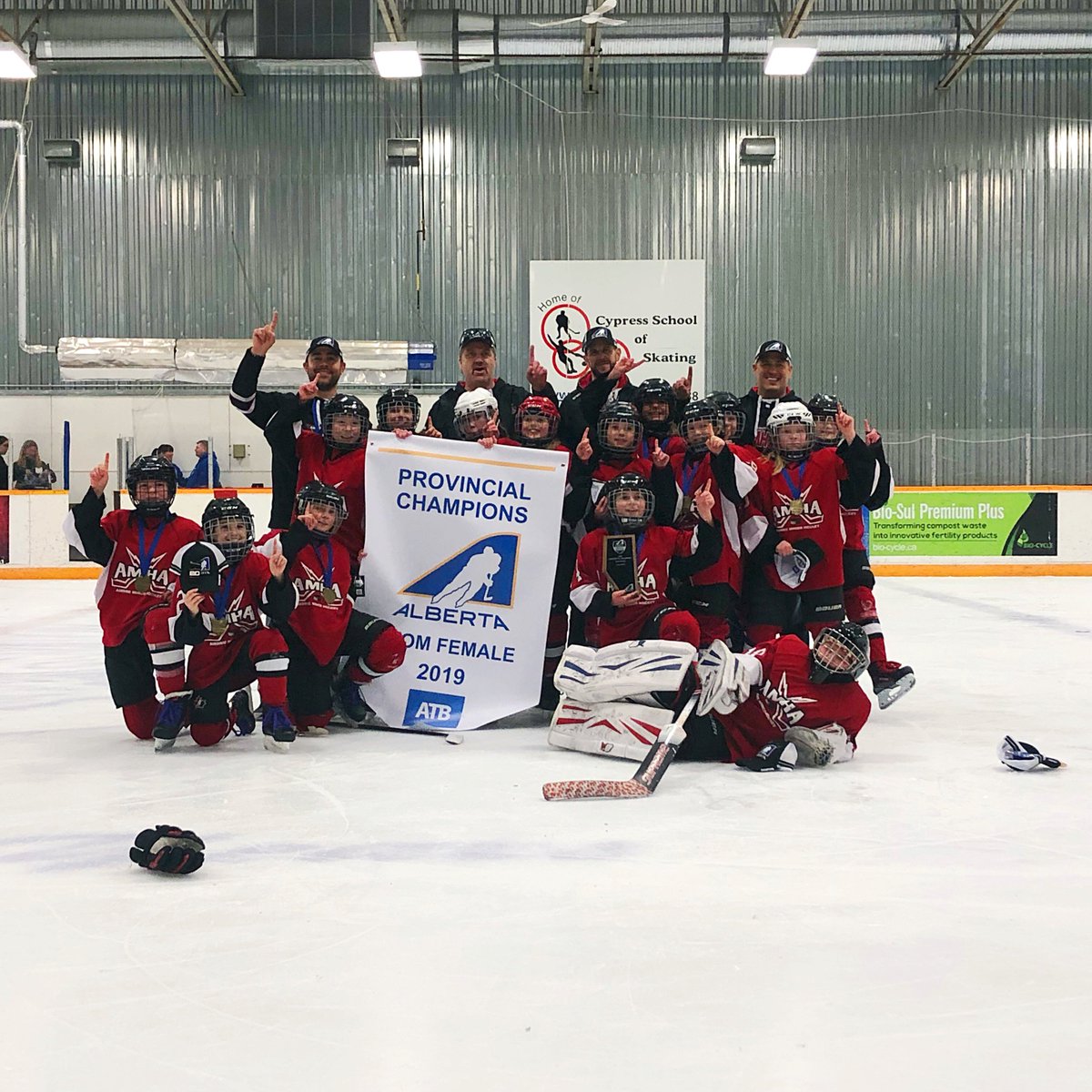 HockeyAirdrie's tweet photo. Big congratulations to Airdrie's Atom girls for going undefeated at the Alberta Provincial Championships and bringing home the banner! #AMHAPride #AMHABuilt #AMHAGrown #ProvincialChamps #Champions #Atom #AtomHockey #AtomGirls . #FemaleHockey #Airdrie #AMHA #GirlsHockey #Hockey https://t.co/yZNy433wT7