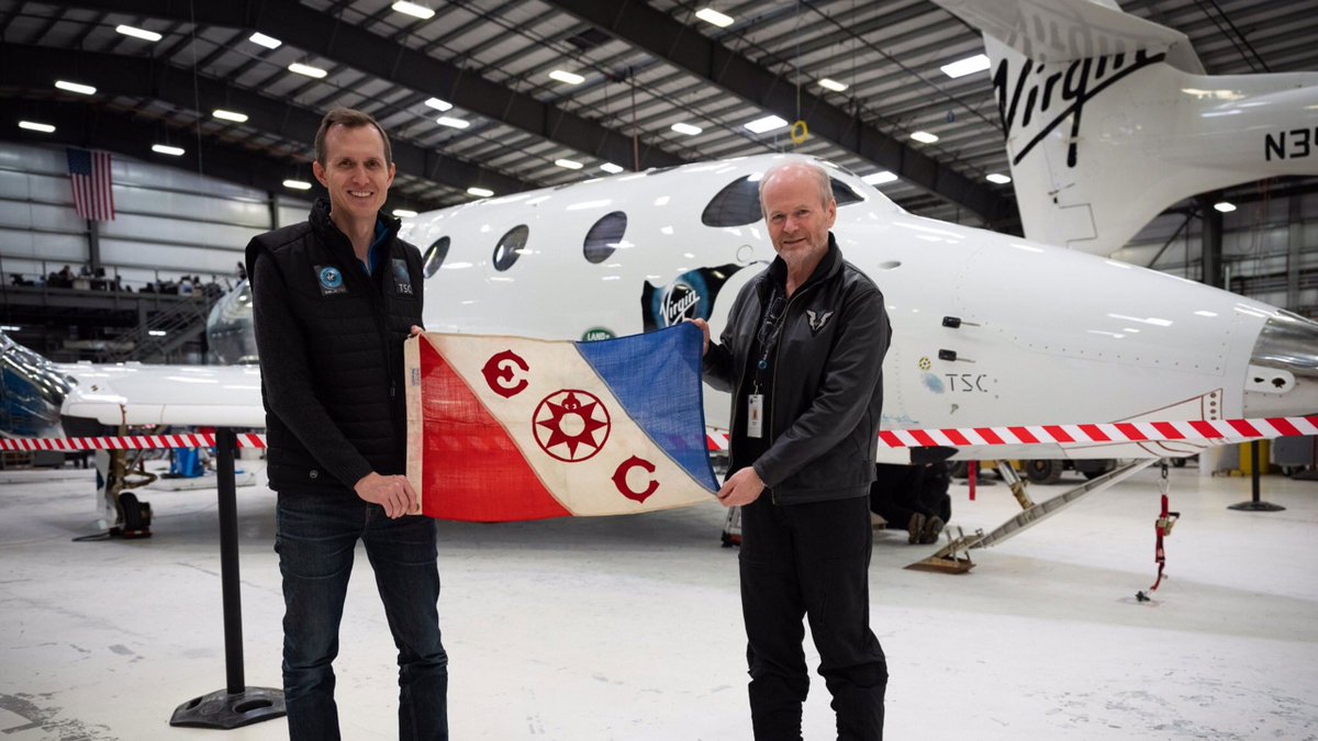 virgingalactic's tweet photo. "As we coasted through the upper atmosphere and into space, marveling at the jaw-dropping views of our planet, it meant we were adding a new chapter to the story of the flag." Our Chief Pilot, Dave Mackay, on flying the @ExplorersClub flag into space. https://t.co/f9Iyb0p2hL https://t.co/Jul1xyST6u