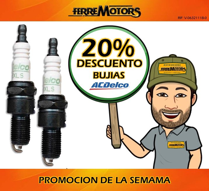 Ferremotor's tweet photo. PROMOCIÓN DE LA SEMANA
20% descuento bujías ACDelco

Para #ventasalmayor se pueden comunicar a nuestros números de contacto:
0414-7130373
0276-3442577

Somos #distribuidores de #repuestos #automotriz al #mayor para toda #Venezuela https://t.co/bcYTQFFiRq https://t.co/VWsad7Ytxe