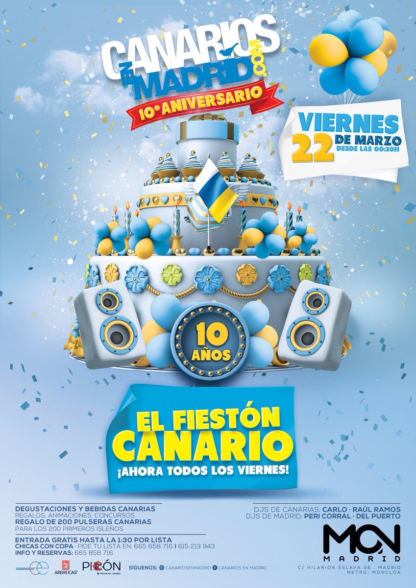 🇮🇨AHORA LOS VIERNES🇮🇨
10º ANIVERSARIO del #FiestónCanario, este Viernes 22 en la #SalaMon (antigua Penélope) de Moncloa. Volvemos a casa, a los origenes, a comenzar una nueva década pero ahora LOS VIERNES. Listas GRATIS hasta 1:30 (ChicAs con copa) al 665 858 716
😜🇮🇨