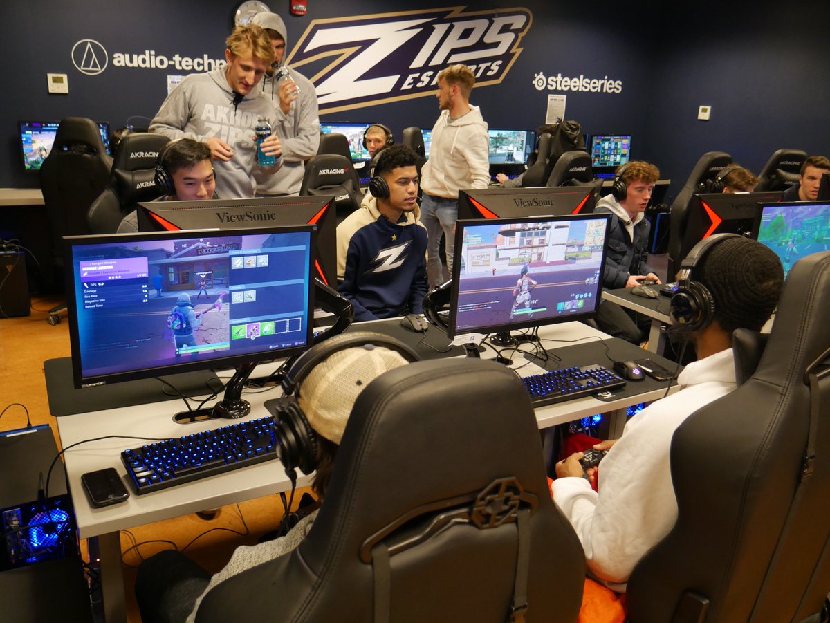 ZipsEsports's tweet photo. Had a blast hosting @uakron @ZipsMSoc during their STEM event last Friday! Players paired up with students to play a variety of games including #FIFA19, #Fortnite, and #SuperSmashBrosUltimate!  It's great to see the team engaging students in innovative ways. #GoZips! https://t.co/WYQP1aqZZ6