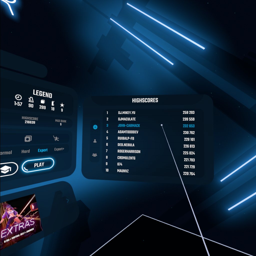 Forekomme Vågn op hale John Carmack on Twitter: "I know my Beat Saber leader board spots won't  last a day from the consumer release, but... https://t.co/6CBBYOXF7K" /  Twitter