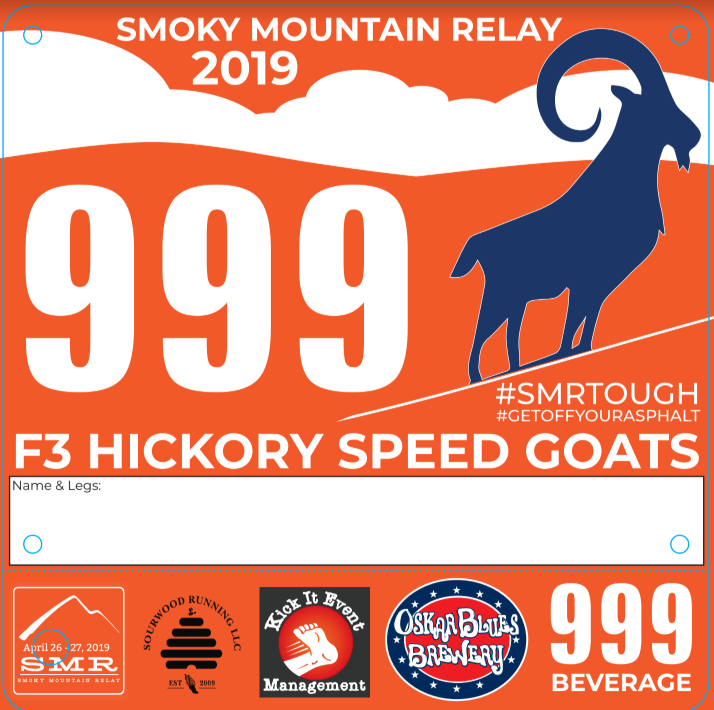 smokymtnrelay's tweet photo. Check it out! The official 2019 SMR bib! Thanks, F3 Speed Goats for being our example! There are a few spots left. #SMRtough @oskarblues @oskarblueswnc @kickitevents @MarathonPrint https://t.co/imNTcMFQmJ